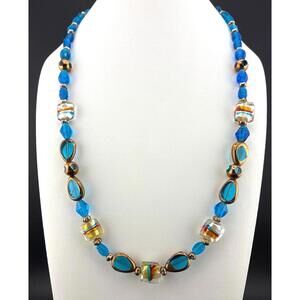 Handcrafted Blue & Clear Glass Beads Necklace 24"